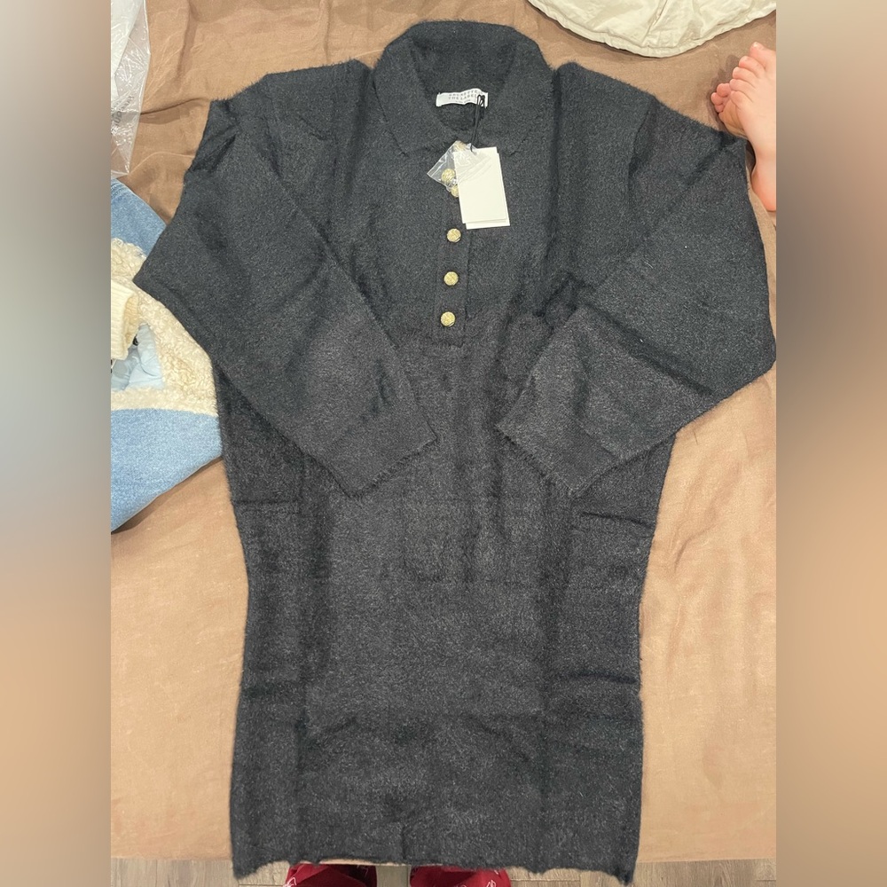 Brunette The Label Ellie Black Sweater Dress with Gold Accents